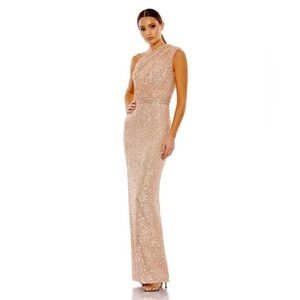 NWT Mac Duggal Sequin Rose Gold Pink Stretchy One Shoulder Maxi Gown Size 14